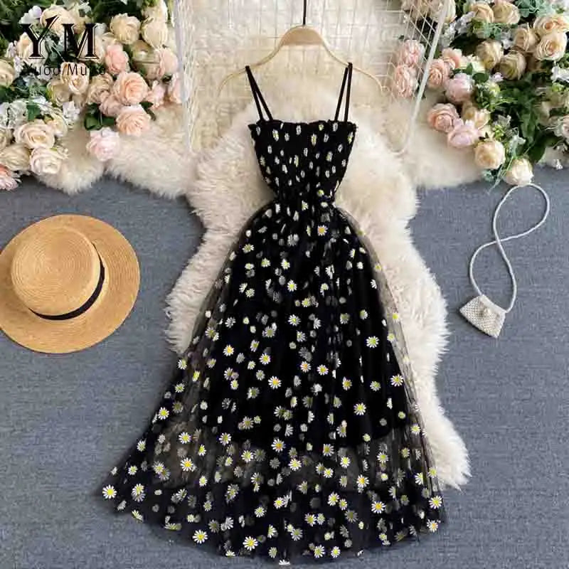 YuooMuoo Kore Modası Papatya Çiçek Baskılı File Parti Elbisesi Yazlık İki Katmanlı İnce Askılı Tatil Midi Elbise Plaj Vestidos