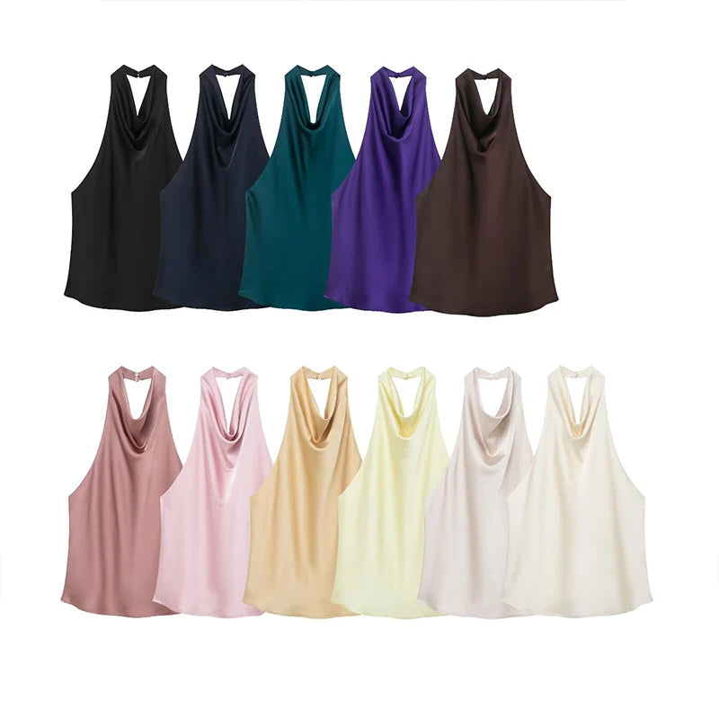 ZATRHMBM Spring/Autumn Women's Clothing 2025 New Fashion Solid Color Halter Neck Vest Retro Sleeveless Chic Casual Women's Vest