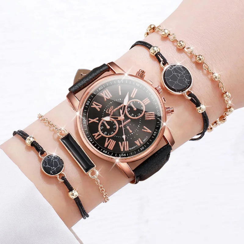 LP27 Women's Watch Belt Fashion Trend 5PCS Three Eye Classic Three Color Optional Women's Bracelet Jewelry Set Quartz Watches