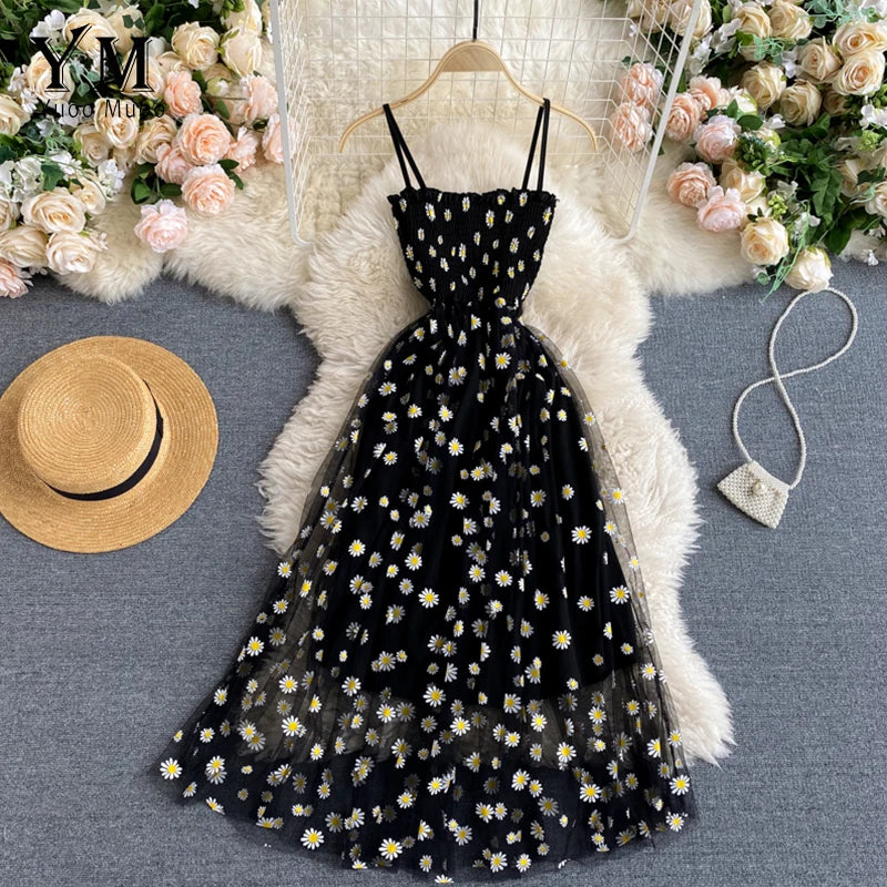 YuooMuoo Kore Modası Papatya Çiçek Baskılı File Parti Elbisesi Yazlık İki Katmanlı İnce Askılı Tatil Midi Elbise Plaj Vestidos