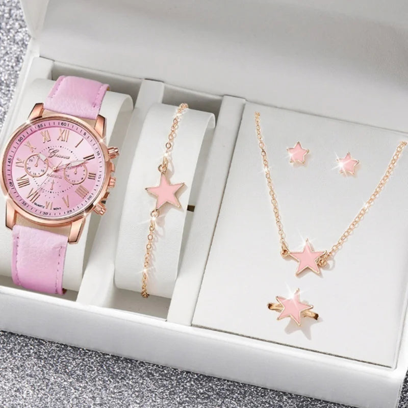 LP27 Women's Watch Belt Fashion Trend 5PCS Three Eye Classic Three Color Optional Women's Bracelet Jewelry Set Quartz Watches