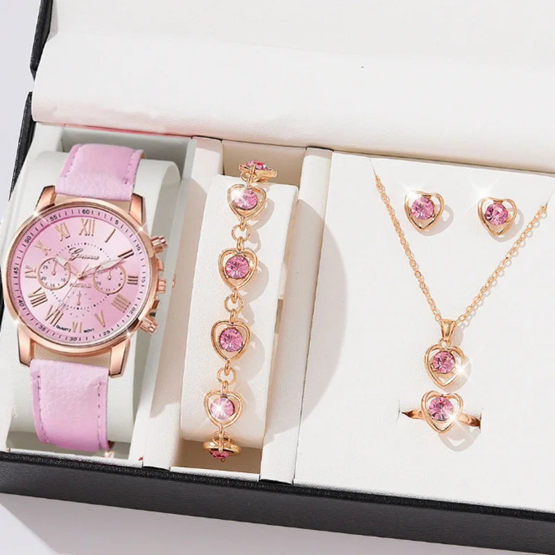 LP27 Women's Watch Belt Fashion Trend 5PCS Three Eye Classic Three Color Optional Women's Bracelet Jewelry Set Quartz Watches