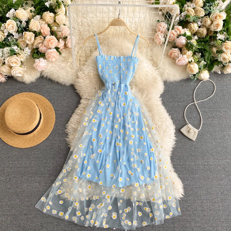 YuooMuoo Kore Modası Papatya Çiçek Baskılı File Parti Elbisesi Yazlık İki Katmanlı İnce Askılı Tatil Midi Elbise Plaj Vestidos