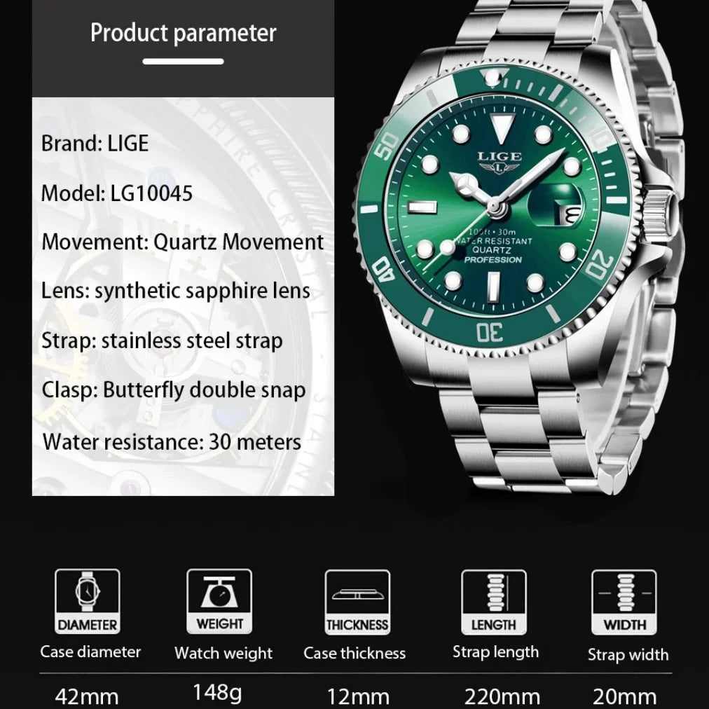 LIGE 10045 Brand  Fashion Diver Watch Men Waterproof Date Clock Sport Watches Mens Quartz Wristwatch Relogio Masculino