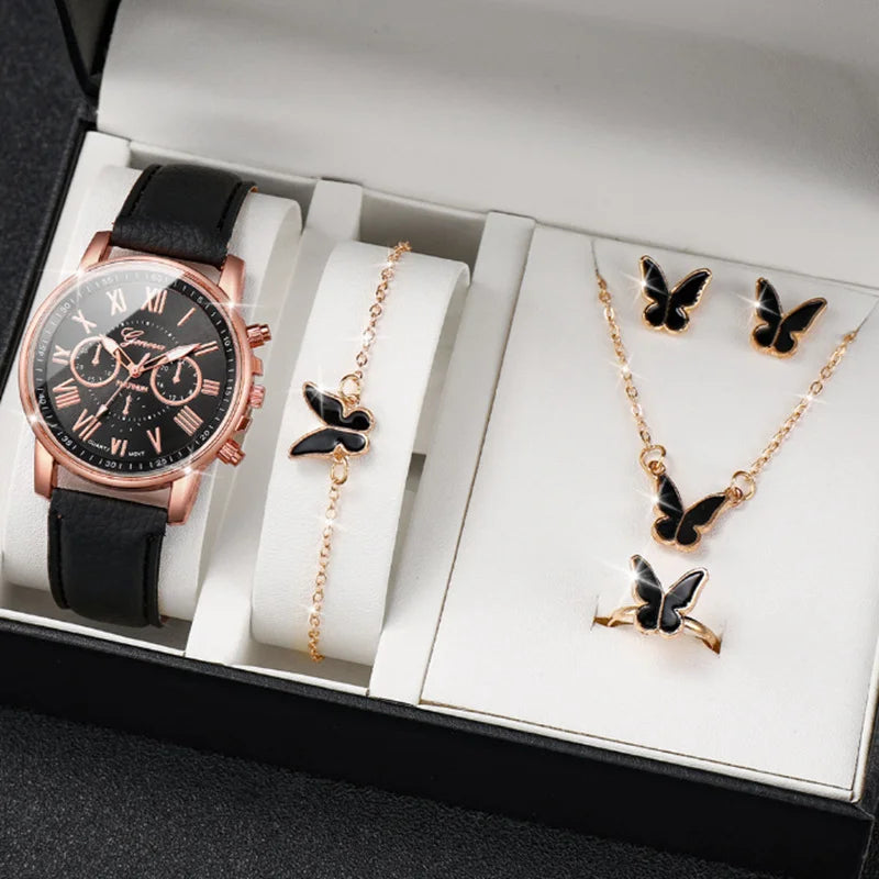 LP27 Women's Watch Belt Fashion Trend 5PCS Three Eye Classic Three Color Optional Women's Bracelet Jewelry Set Quartz Watches