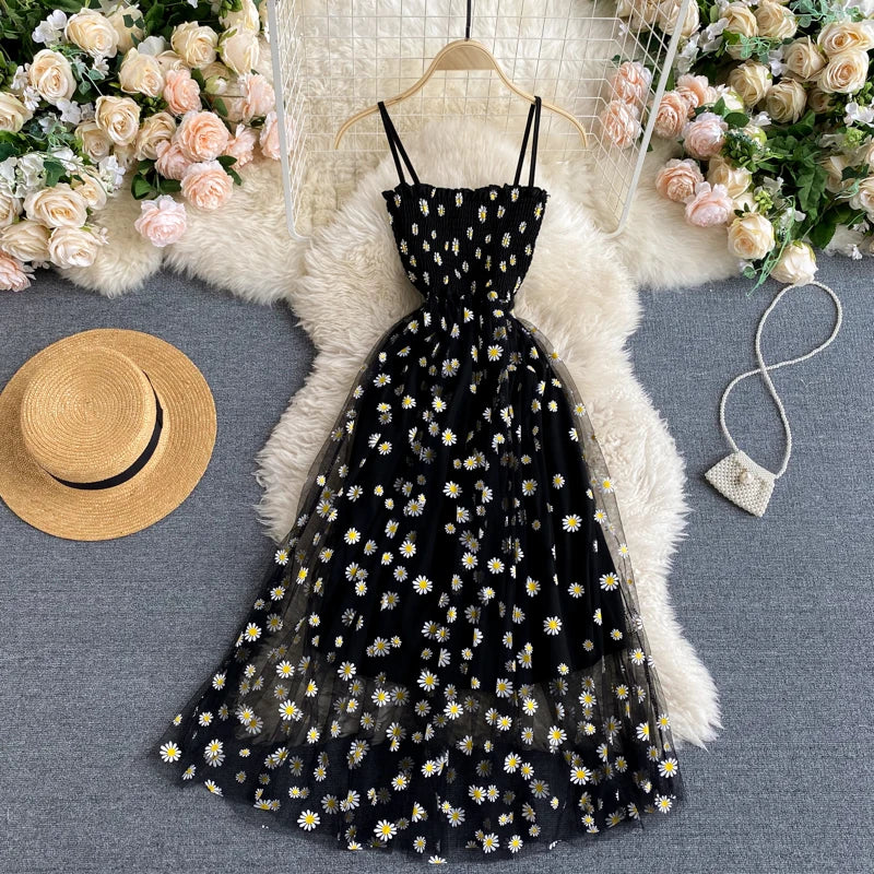 YuooMuoo Kore Modası Papatya Çiçek Baskılı File Parti Elbisesi Yazlık İki Katmanlı İnce Askılı Tatil Midi Elbise Plaj Vestidos