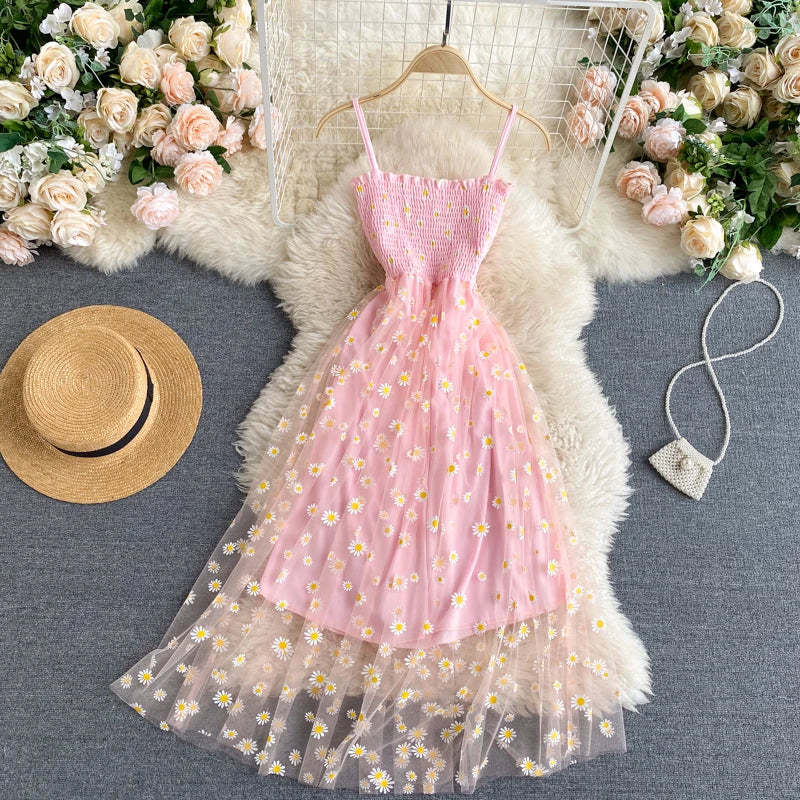 YuooMuoo Kore Modası Papatya Çiçek Baskılı File Parti Elbisesi Yazlık İki Katmanlı İnce Askılı Tatil Midi Elbise Plaj Vestidos