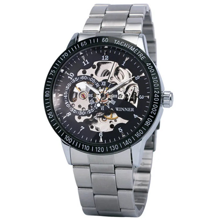 WINNER Fashion Business Auto Mechanical Watch Men Stainless Steel Strap Blue Mirror Case Skeleton Mens Watches Top Brand Luxury