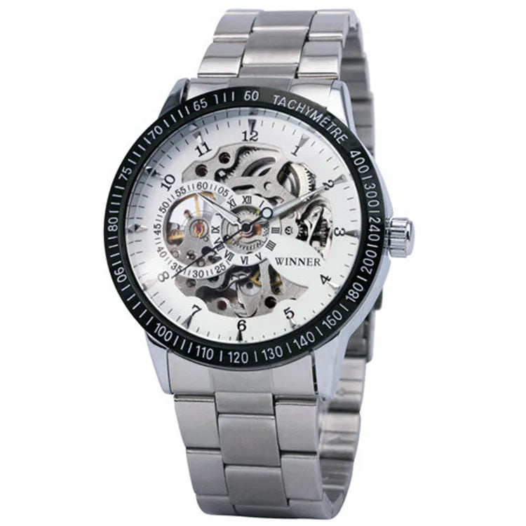 WINNER Fashion Business Auto Mechanical Watch Men Stainless Steel Strap Blue Mirror Case Skeleton Mens Watches Top Brand Luxury