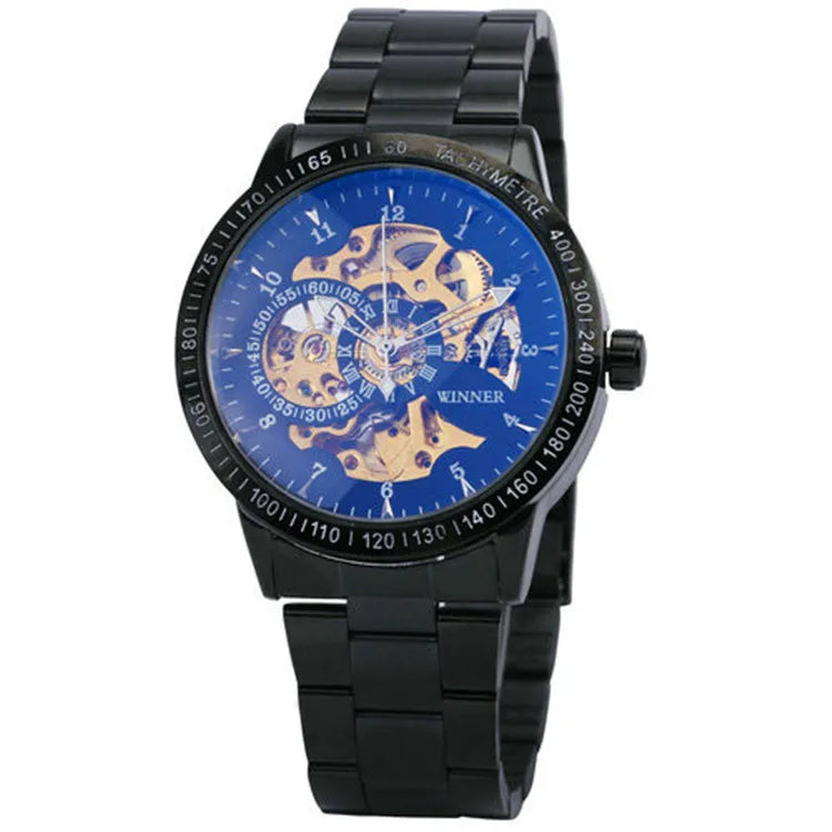 WINNER Fashion Business Auto Mechanical Watch Men Stainless Steel Strap Blue Mirror Case Skeleton Mens Watches Top Brand Luxury