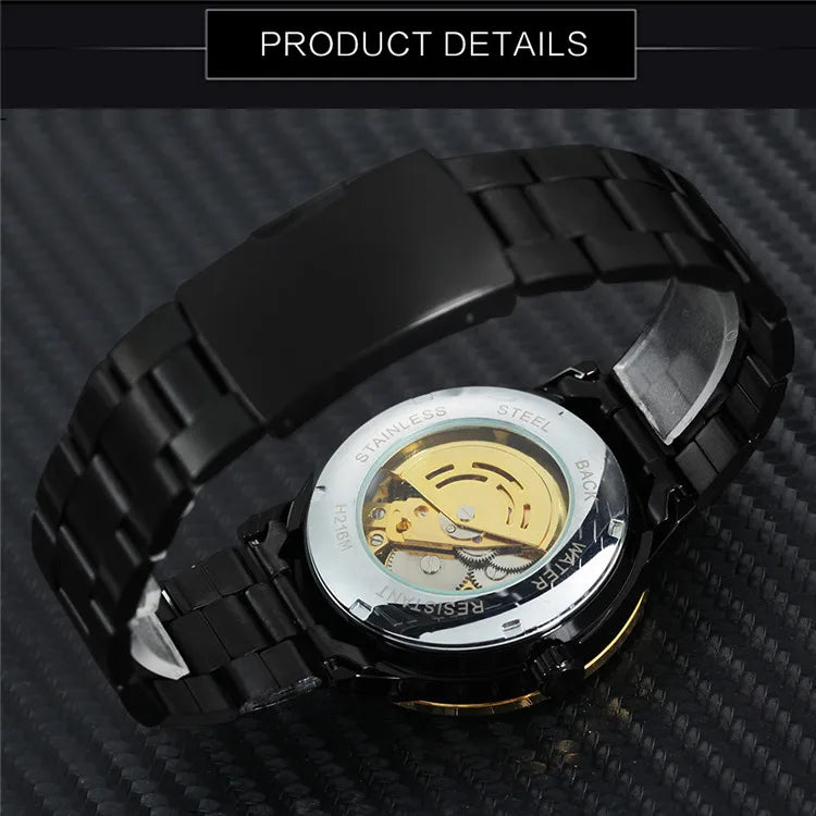 WINNER Fashion Business Auto Mechanical Watch Men Stainless Steel Strap Blue Mirror Case Skeleton Mens Watches Top Brand Luxury