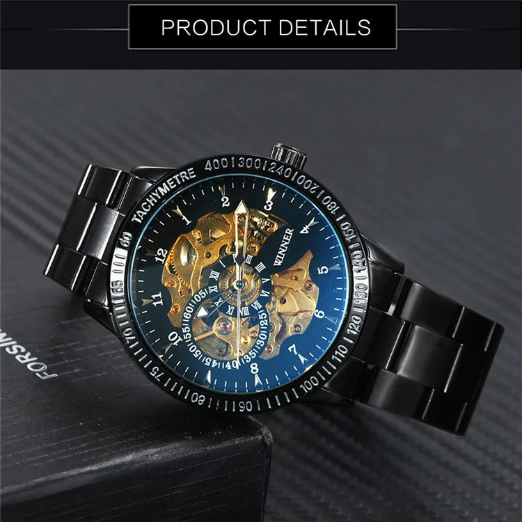 WINNER Fashion Business Auto Mechanical Watch Men Stainless Steel Strap Blue Mirror Case Skeleton Mens Watches Top Brand Luxury