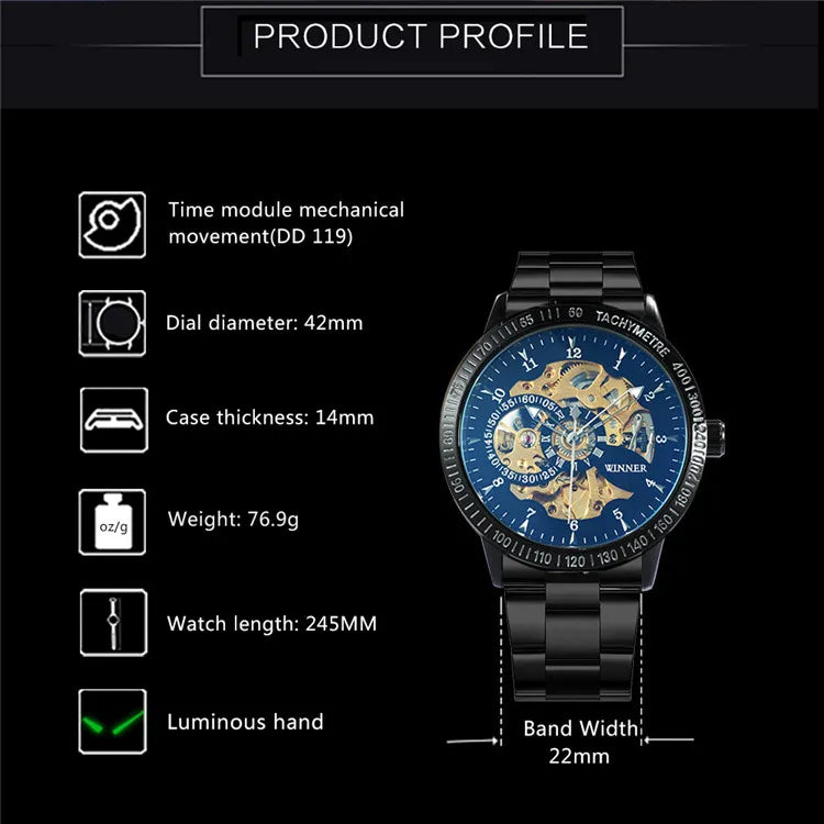 WINNER Fashion Business Auto Mechanical Watch Men Stainless Steel Strap Blue Mirror Case Skeleton Mens Watches Top Brand Luxury
