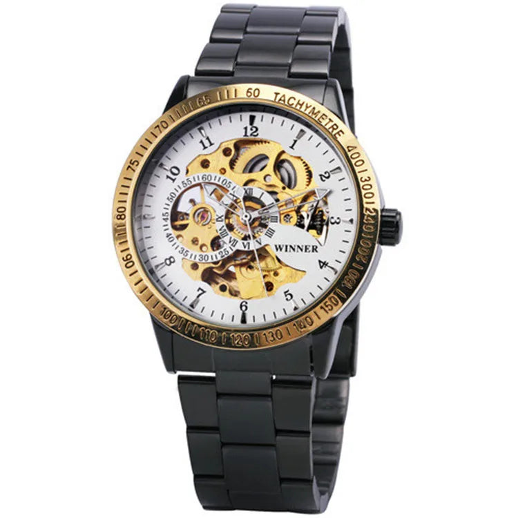 WINNER Fashion Business Auto Mechanical Watch Men Stainless Steel Strap Blue Mirror Case Skeleton Mens Watches Top Brand Luxury