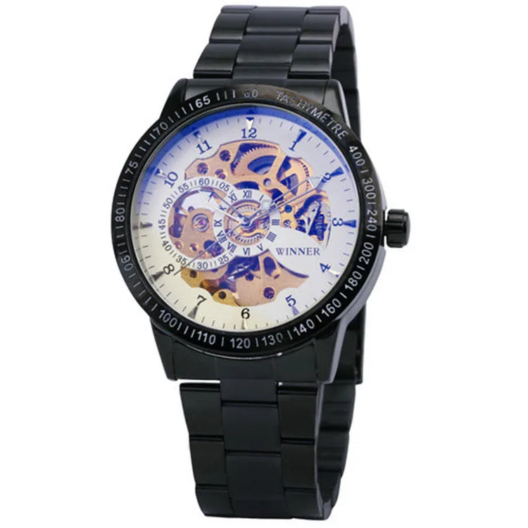 WINNER Fashion Business Auto Mechanical Watch Men Stainless Steel Strap Blue Mirror Case Skeleton Mens Watches Top Brand Luxury