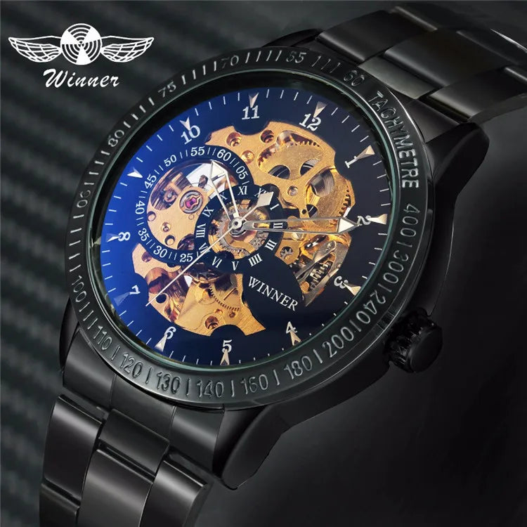 WINNER Fashion Business Auto Mechanical Watch Men Stainless Steel Strap Blue Mirror Case Skeleton Mens Watches Top Brand Luxury