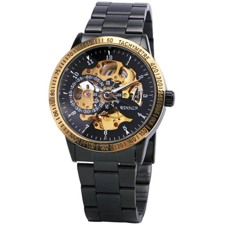 WINNER Fashion Business Auto Mechanical Watch Men Stainless Steel Strap Blue Mirror Case Skeleton Mens Watches Top Brand Luxury