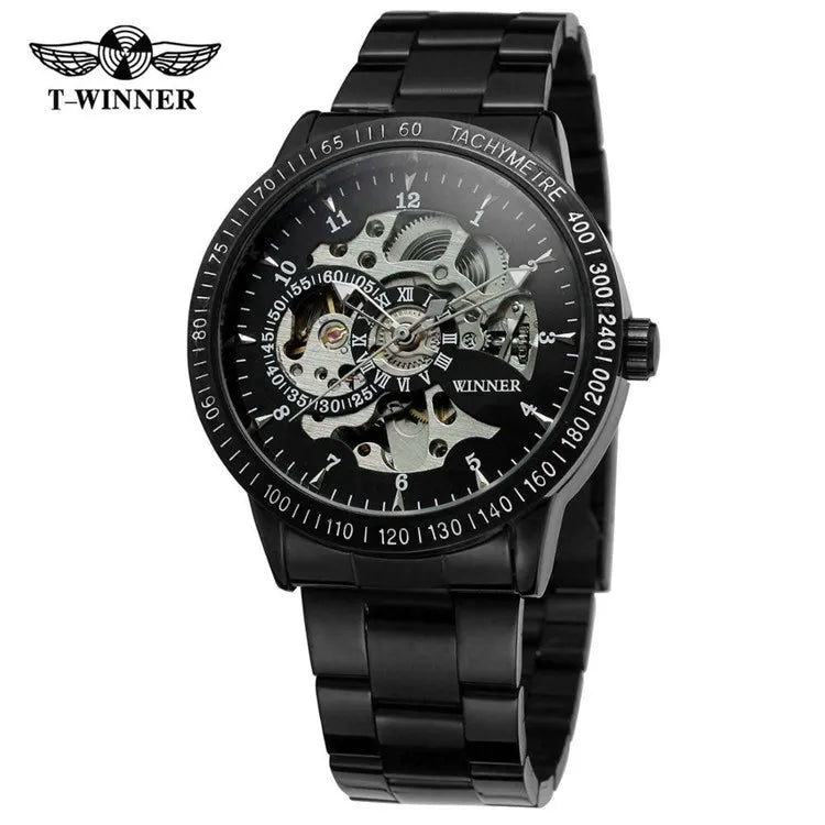 WINNER Fashion Business Auto Mechanical Watch Men Stainless Steel Strap Blue Mirror Case Skeleton Mens Watches Top Brand Luxury