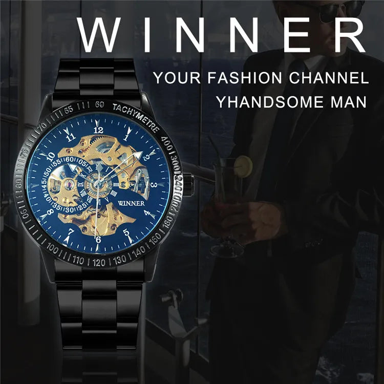 WINNER Fashion Business Auto Mechanical Watch Men Stainless Steel Strap Blue Mirror Case Skeleton Mens Watches Top Brand Luxury