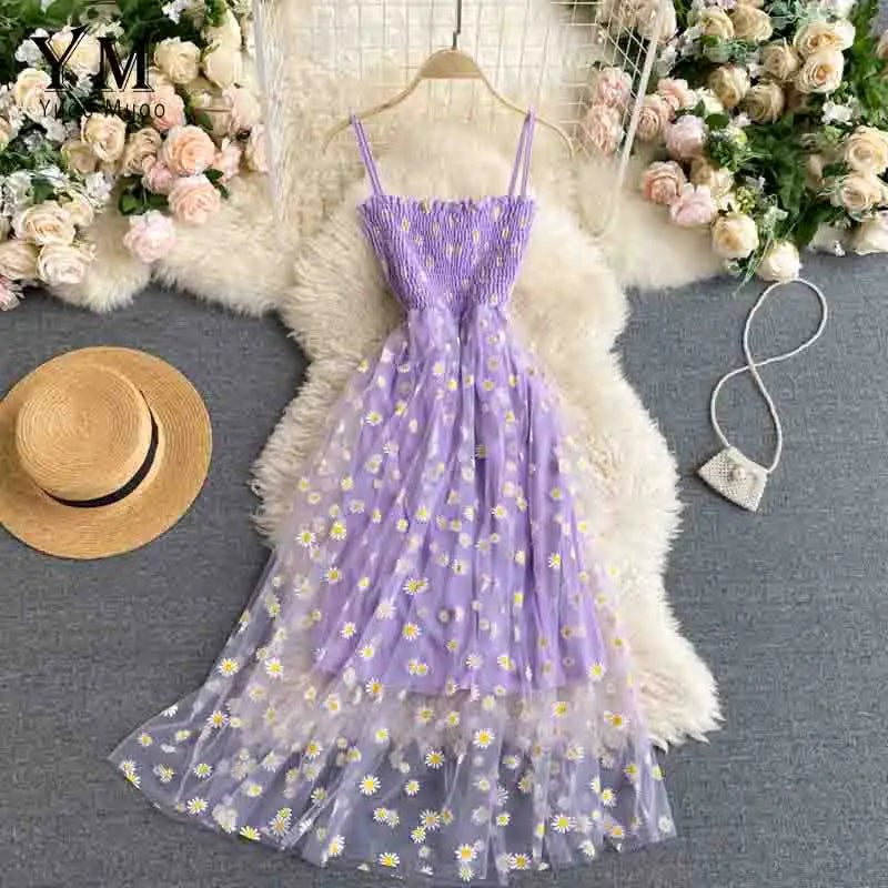 YuooMuoo Kore Modası Papatya Çiçek Baskılı File Parti Elbisesi Yazlık İki Katmanlı İnce Askılı Tatil Midi Elbise Plaj Vestidos