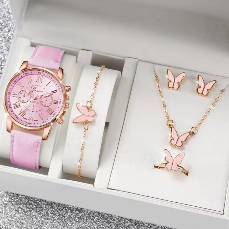 LP27 Women's Watch Belt Fashion Trend 5PCS Three Eye Classic Three Color Optional Women's Bracelet Jewelry Set Quartz Watches