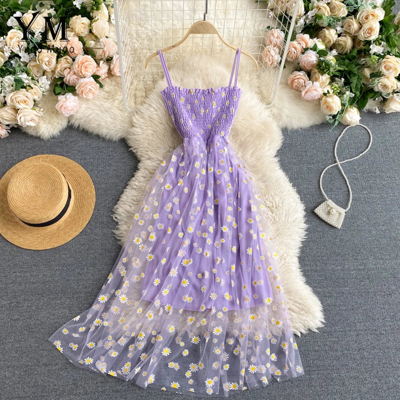 YuooMuoo Kore Modası Papatya Çiçek Baskılı File Parti Elbisesi Yazlık İki Katmanlı İnce Askılı Tatil Midi Elbise Plaj Vestidos