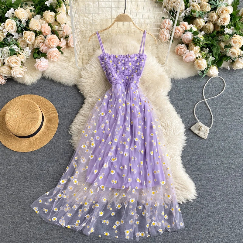 YuooMuoo Kore Modası Papatya Çiçek Baskılı File Parti Elbisesi Yazlık İki Katmanlı İnce Askılı Tatil Midi Elbise Plaj Vestidos