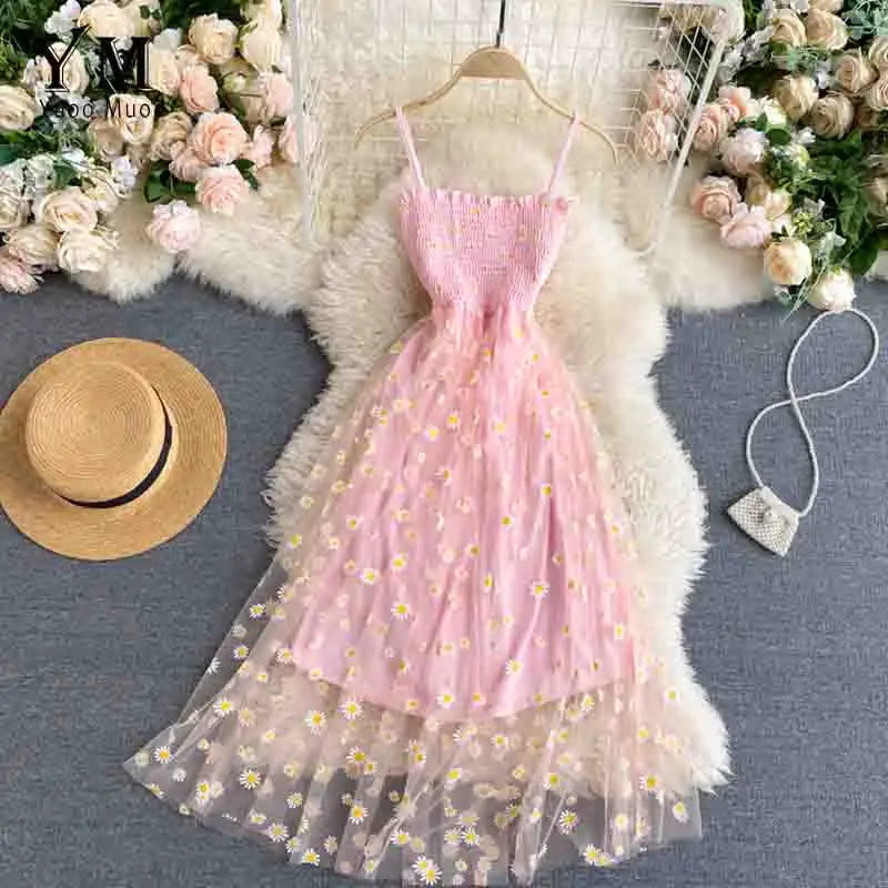 YuooMuoo Kore Modası Papatya Çiçek Baskılı File Parti Elbisesi Yazlık İki Katmanlı İnce Askılı Tatil Midi Elbise Plaj Vestidos