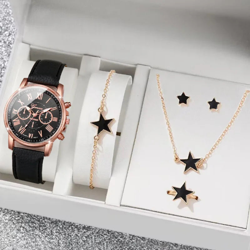 LP27 Women's Watch Belt Fashion Trend 5PCS Three Eye Classic Three Color Optional Women's Bracelet Jewelry Set Quartz Watches