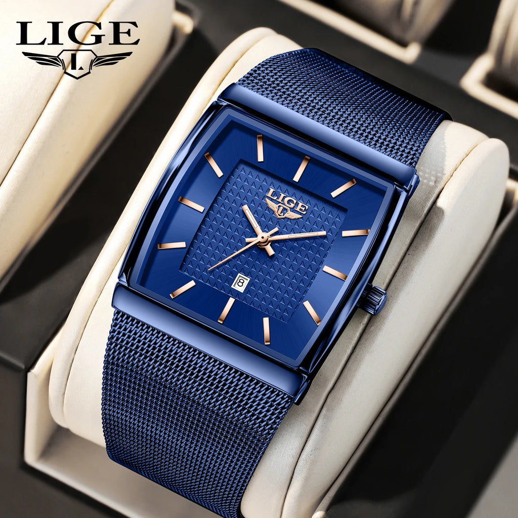 LIGE Top Luxury Watch For Men Stainless Steel Mesh Date Waterproof Luminous Man Wristwatch Casual Rectangle Quartz Men's Watches