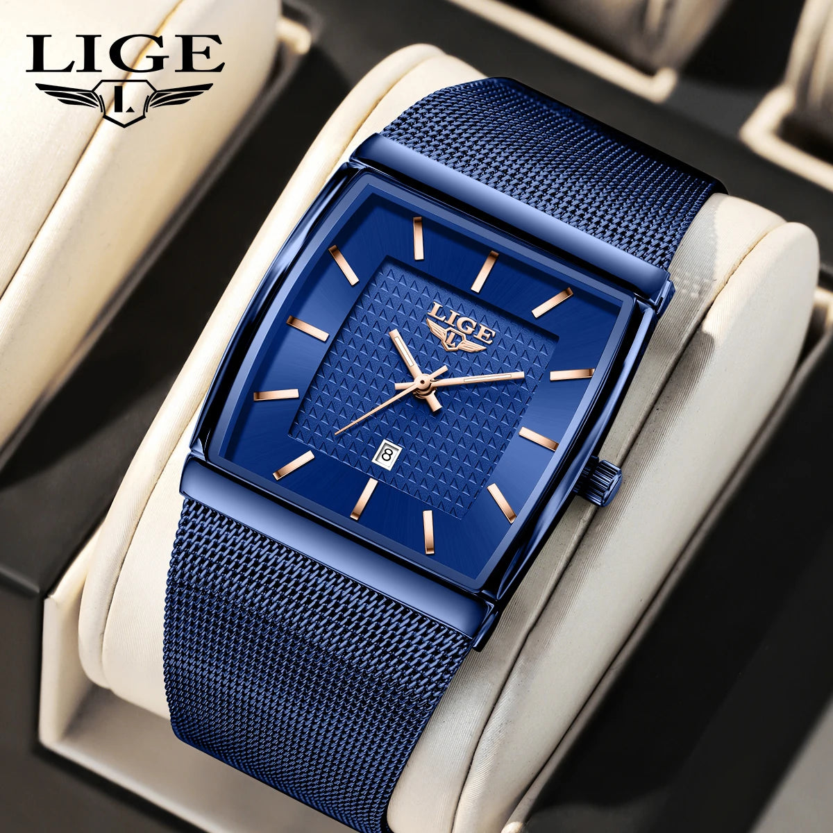LIGE Top Luxury Watch For Men Stainless Steel Mesh Date Waterproof Luminous Man Wristwatch Casual Rectangle Quartz Men's Watches