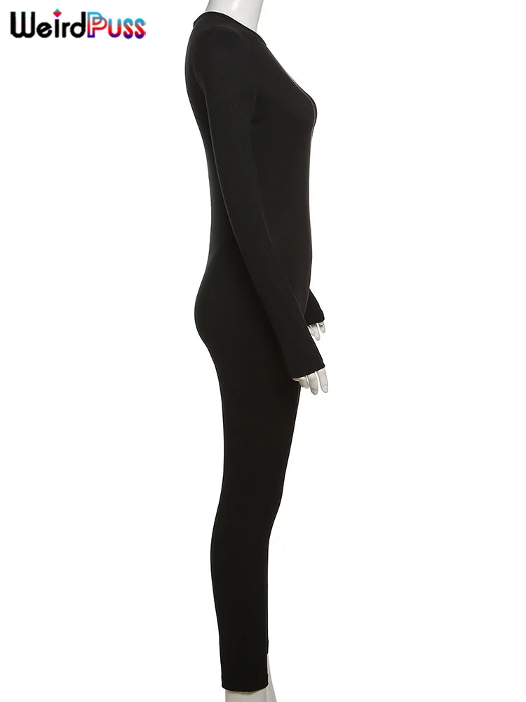 Weird Puss Solid Fitness Casual Jumpsuit Women Long Sleeve Stretch Skinny Activity Sporty Tight Simple Fall Streetwear Overalls