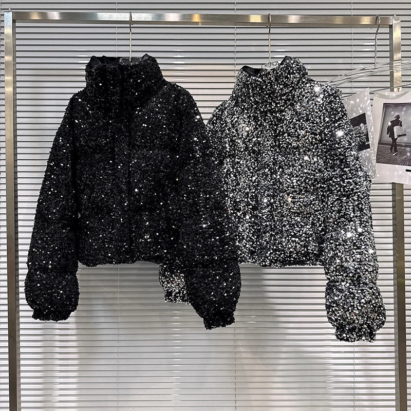 DEAT 2025 Winter New Fashion Heavy Industry Colorful Sequin Stand Collar Warm Jacket For Women Cotton-padded Coat 11A07258