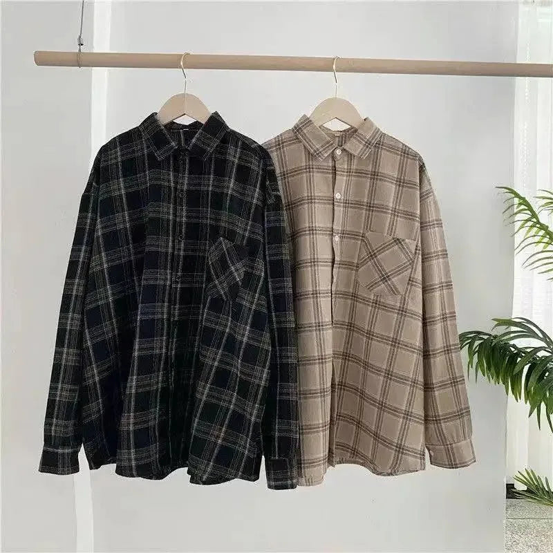 Plaid shirt women long sleeve retro port taste loose size women Korean version of the spring wear student jacket