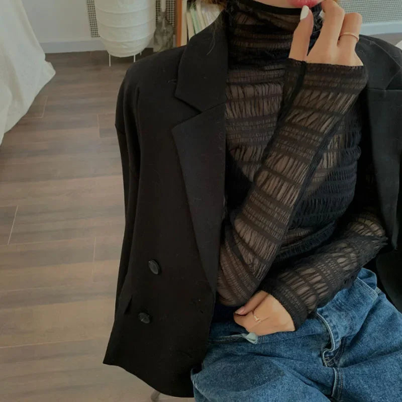 Y2K Dantel Şeffaf Mesh Tişört - Yüksek Yaka Uzun Kollu Seksi İç Giyim