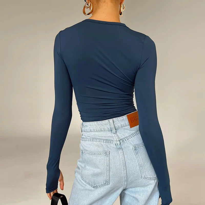Moda Kadın Tişört Uzun Kollu Bisiklet Yaka Düz Renk Dar Kesim Bayan Crop Top Günlük Sokak Giyimi Yazlık Atlet Başparmak Delikli