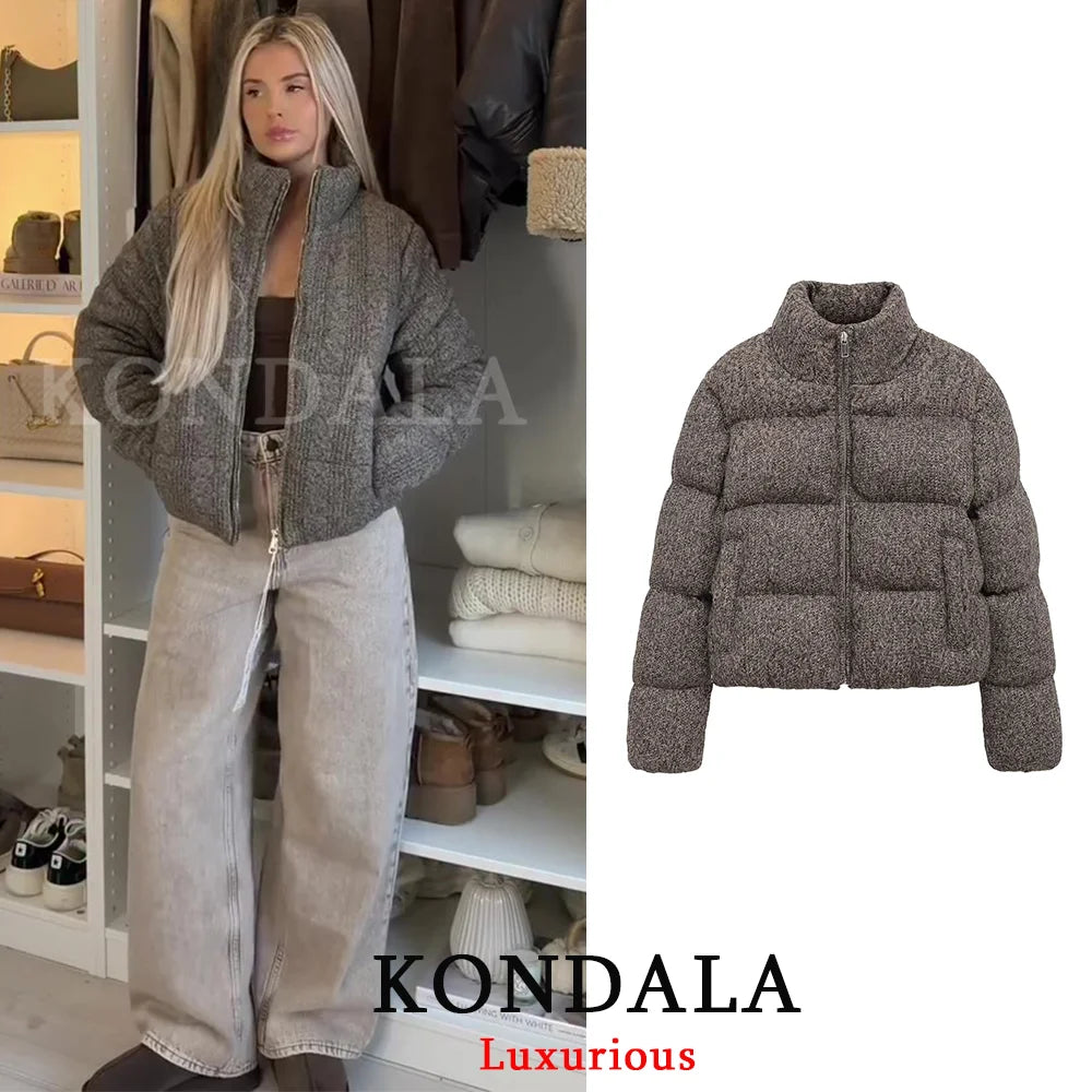 KONDALA Casual Knit Padded Coats Long Sleeve Zipper Pockets Thick Warm Jackets Fashion 2025 Autumn Winter Streetwear Outwears