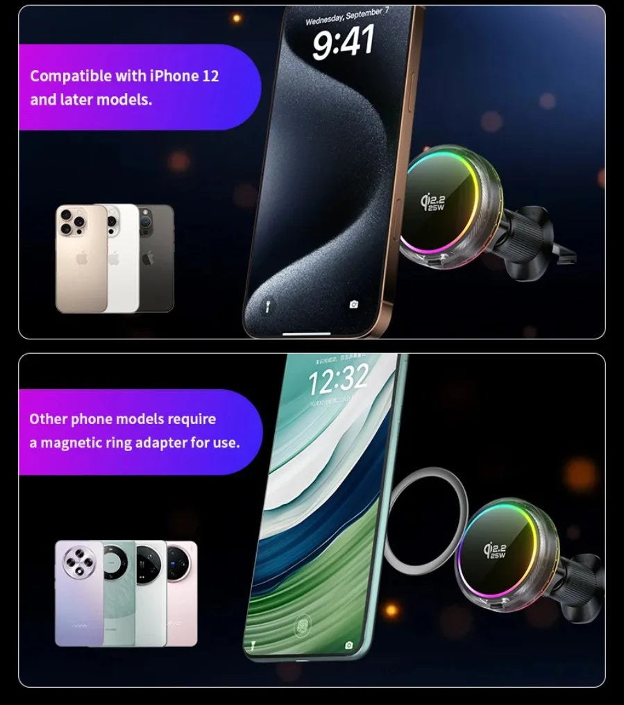 Qi2 25W Manyetik Araç İçi Kablosuz Şarj | RGB Aydınlatma | iPhone MagSafe Uyumlu