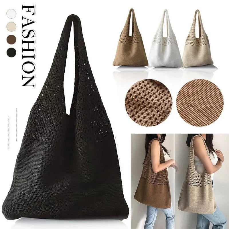 Retro Knitted Handbag | Crochet | Women's Tote Bag | Black White Khaki