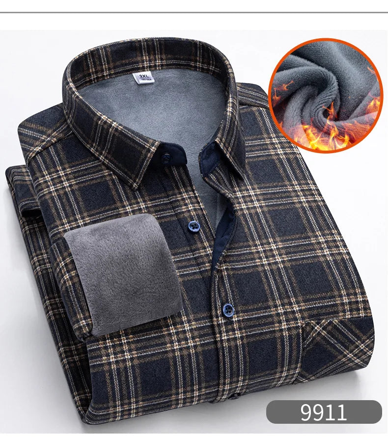 New 2025 Men's Warm Long Sleeve Plaid Design Shirt Autumn Winter Fleece and Thick Warm Men's Casual Shirts Large Size Shirt 5XL