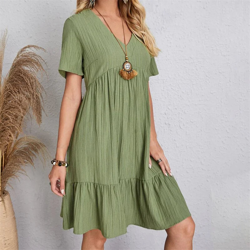 Women Vintage Mini Dresses Summer Solid Casual V Neck Ruffles Dress Ladies Boho Loose Beach Party Elegant Dress Vestidos DF4912