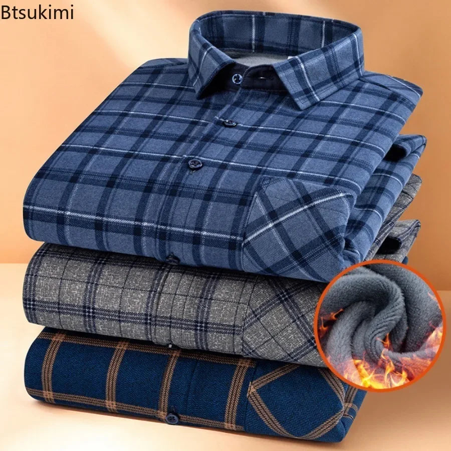 New 2025 Men's Warm Long Sleeve Plaid Design Shirt Autumn Winter Fleece and Thick Warm Men's Casual Shirts Large Size Shirt 5XL