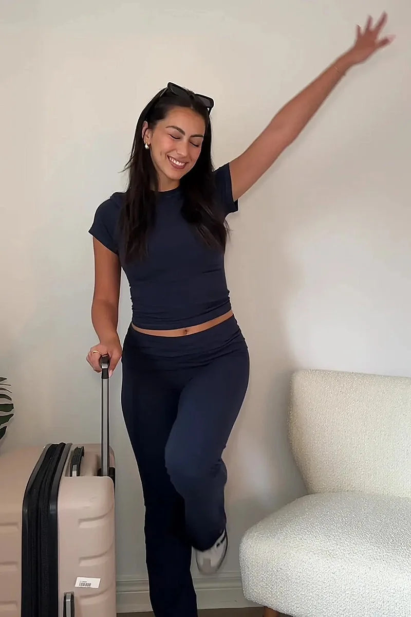 Women Chic Sets Two 2 Pcs Sale Sexy O-Neck Slim Long Sleeve Cropped Tshirt&High Elastic Waist Fitness Full Pant Suits MSJFZ-9052