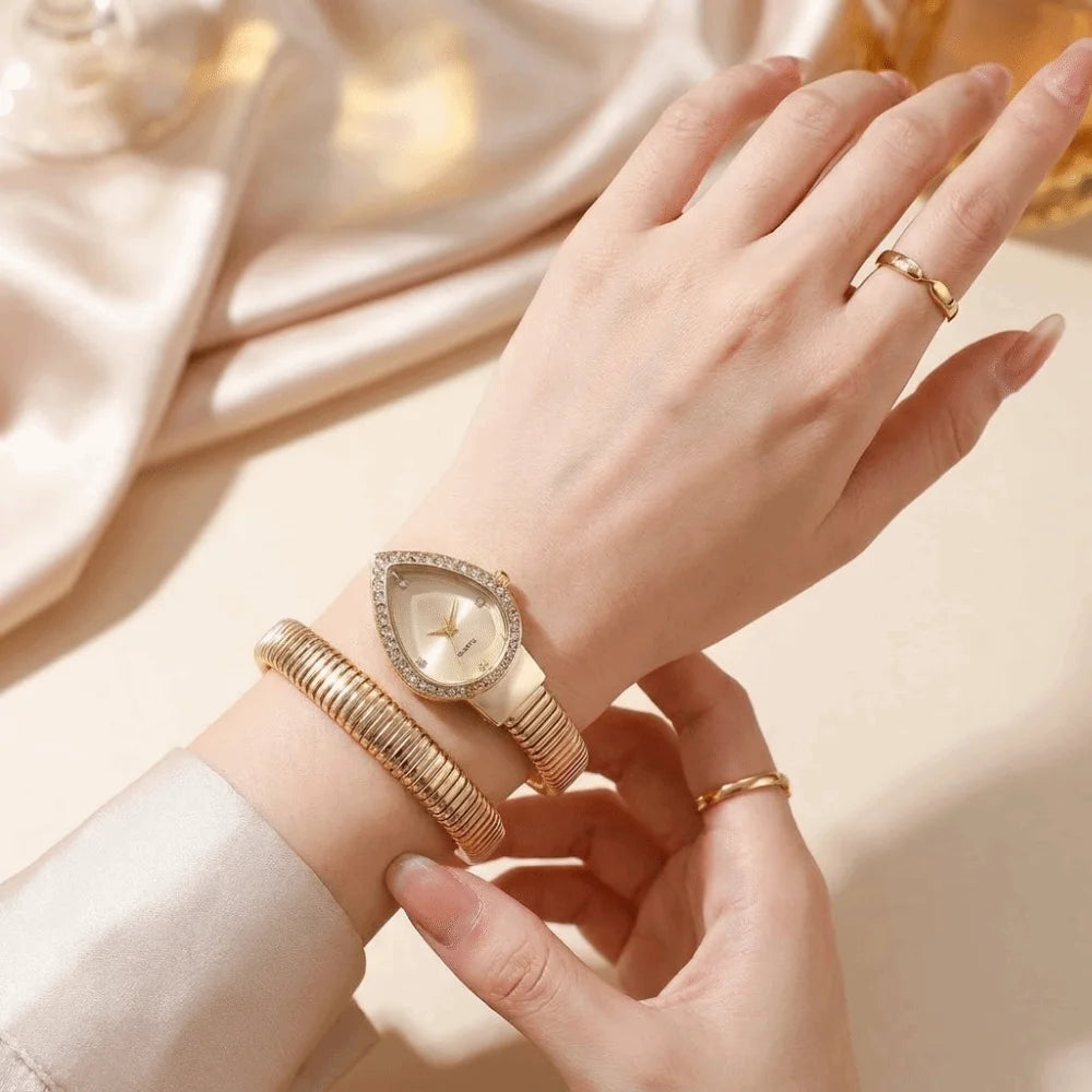 New Water Drop Headed Quartz Watch Stainless Steel Strap Elegant Wristwatch Bracelet Snake-shaped Band Watch Women's Watch