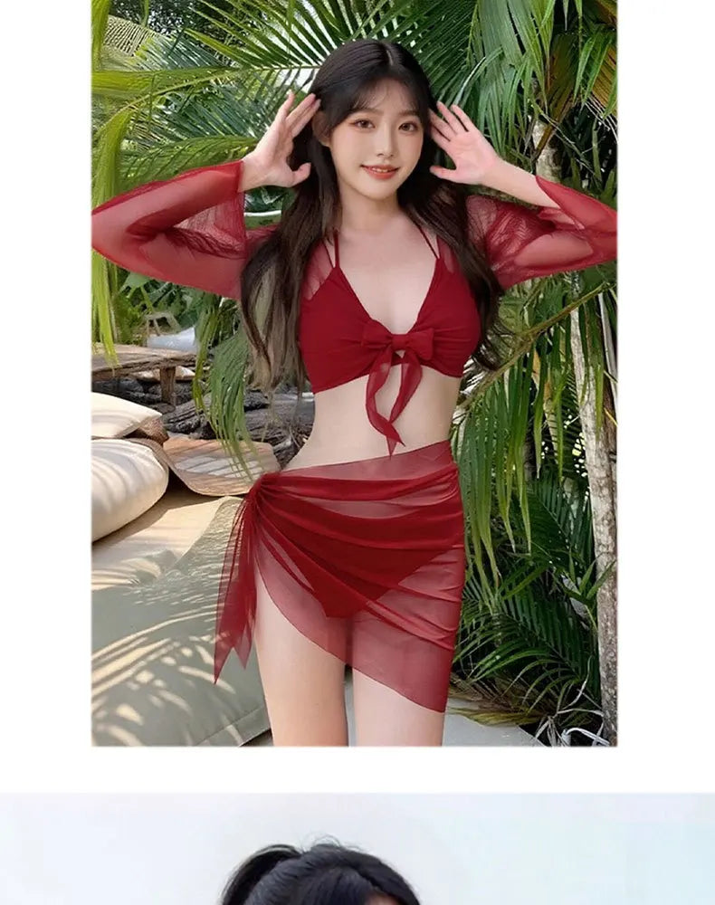 2026 New Women's Big Red Whitening Pure Desire Sexy Bikini Four Piece Set Long Sleeve Sunscreen Hot Girl Swimsuit