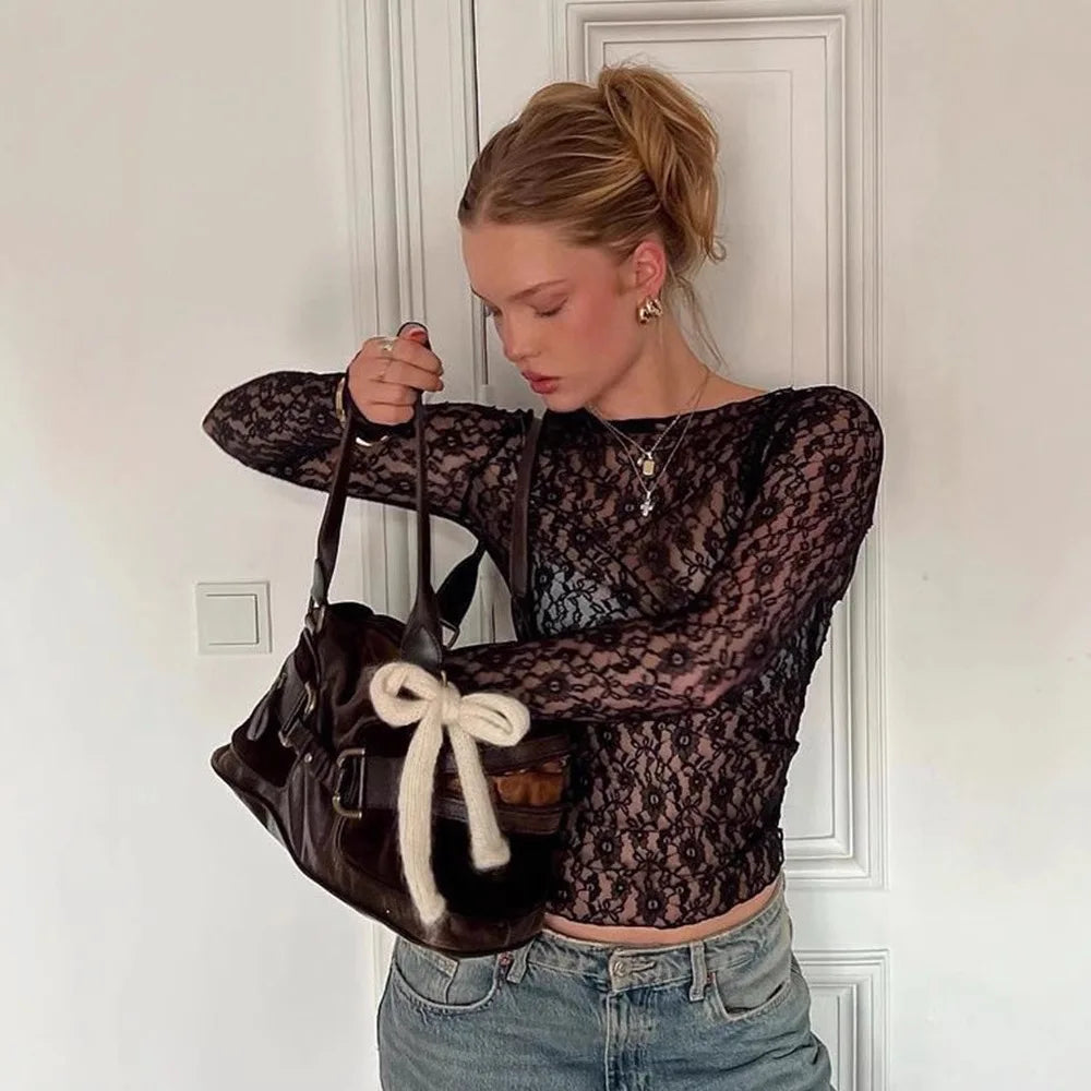 T shirt women 2026 fashion New casual sexy lace sexy nightclub slim long-sleeved T-shirt summer tshirt women's clothing