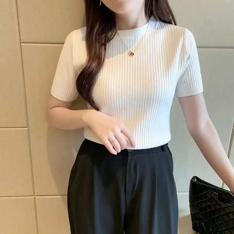 Knitted Sweater Women Pullovers New Black Short Sleeve Sueters De Mujer Knit Sweater Pullover Women Tops O-Neck Knitwears Q3426