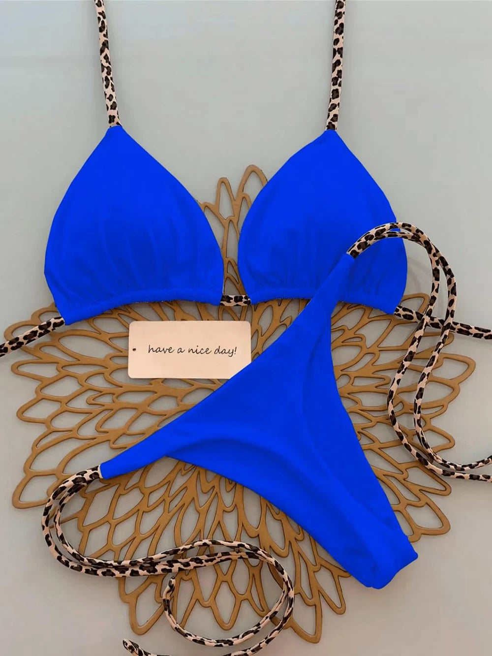 Women's Sexy Solid Halter Bikini Set Lace-Up Low Waist Two-Piece Triangle Thong Swimwear Leopard Tie On Side Brazilian Biquinis