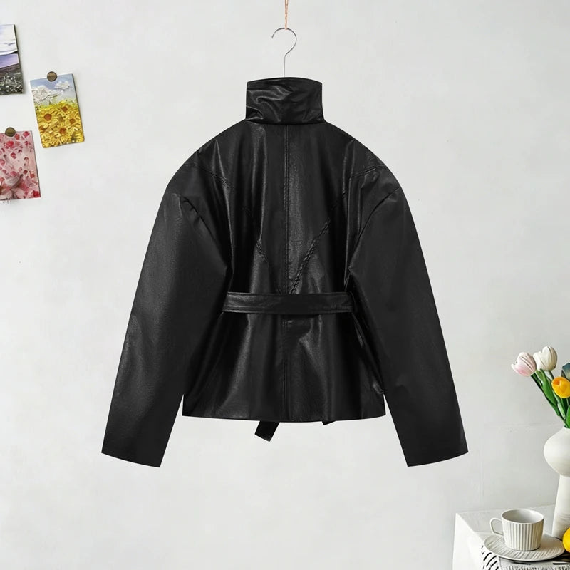 Casual Pu Leather Loose Women Jacket Belt Full Sleeve Stand Collar Zippers Female Coat 2026 Spring Autumn Lady Streetwears