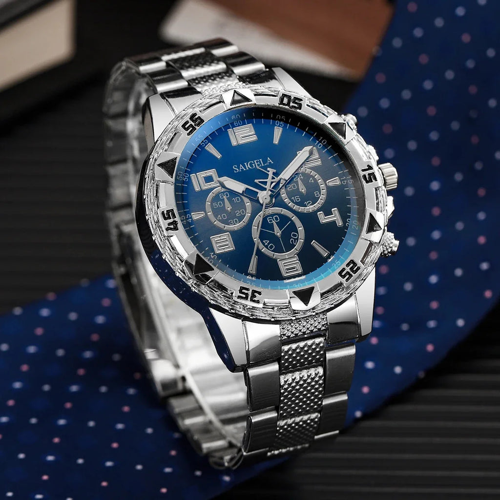 3PCS/Set Fashion Large Dial Men's Quartz Watch Luxury Men Business Watches Necklace Bracelet Set Relogio Masculino（Without Box）